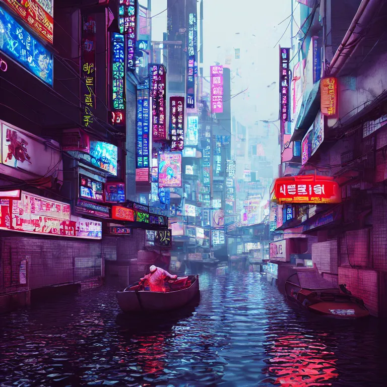 Prompt: cyberpunk flooded rainy south korea, seoul, man in small row boat, reflections, cinematic lighting, photorealistic, trending on artstation, storefronts made of neon lights, hyper realistic rendering photography, unreal 5 engine render, ultra wide angle, long shot, 8 k