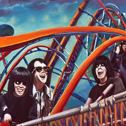 Image similar to the ramones having fun on a rollercoaster, hyper detailed, 8 k, oil painting, rule of thirds