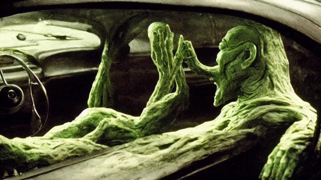 Prompt: the creature sits in a car, made of wax and metal, film still from the movie directed by Denis Villeneuve and David Cronenberg with art direction by Salvador Dalí, wide lens