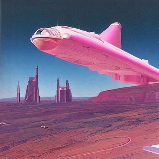 Image similar to barbie's gorgeous pink spaceship reaches ganymede. dramatic lights, hyper detailed high definition masterpiece by chesley bonestell