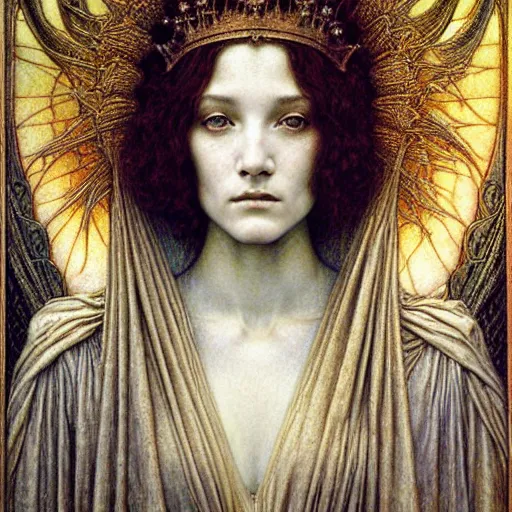 Image similar to detailed realistic beautiful young medieval queen face portrait by jean delville, gustave dore and marco mazzoni, art nouveau, symbolist, visionary, gothic, pre - raphaelite. horizontal symmetry