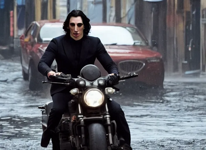 Prompt: first official image from bond 2 6, starring adam driver as agent 0 0 7, riding an actual live shark through the streets of valparaiso, chile in heavy rain. directed by alejandro inarritu. stunning cinematography, kodak vision 2 0 0 t, high contrast, anamorphic lens, chromatic aberration.