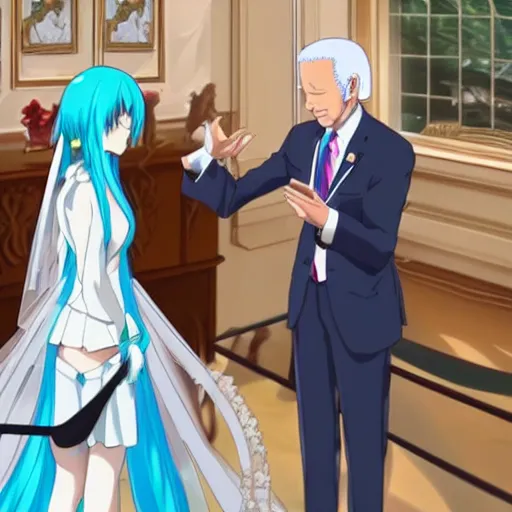 Image similar to anime depiction of Joe Biden marrying Hatsune Miku