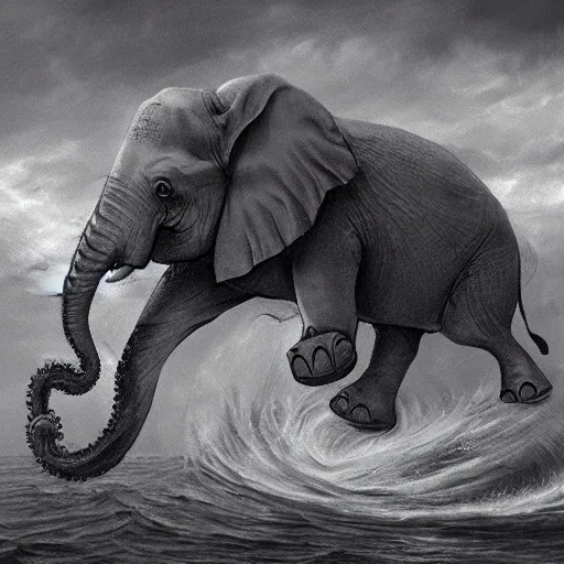 Prompt: angry elephant cthulu with eyes and tentacles at sea storm hyperrealistic