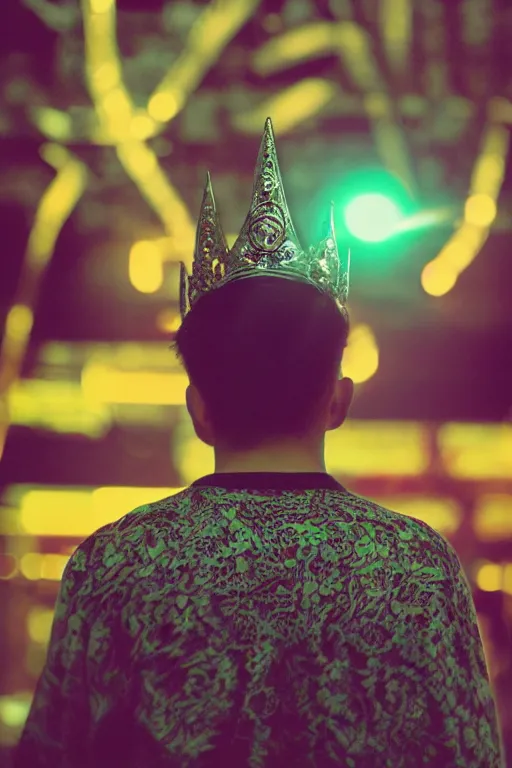 Image similar to agfa vista 4 0 0 close up photograph of a guy wearing an intricate gothic crown, back view, synth vibe, vaporwave colors, lens flare, moody lighting, moody vibe, telephoto, 9 0 s vibe, blurry background, grain, tranquil, calm, faded!,