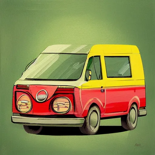 Prompt: retro painting illustration of a volswagen van, 2 d, pastel color, green, yellow, red, retro style art, trendy on artstation