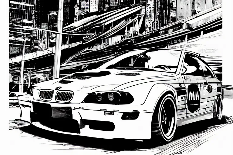 Image similar to bmw m 3 gtr, a page from cyberpunk 2 0 2 0, style of paolo parente, style of mike jackson, adam smasher, johnny silverhand, 1 9 9 0 s comic book style, white background, ink drawing, black and white