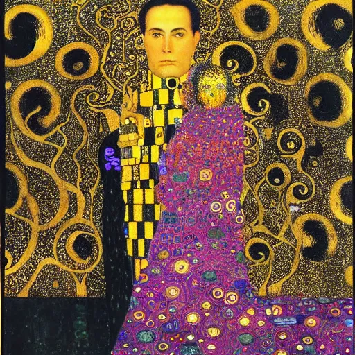 Prompt: a majestic portrait of the king in yellow, in front of a fantasy city, with black suns in the sky, Gustav Klimt, intricate, dark colors, art nouveau