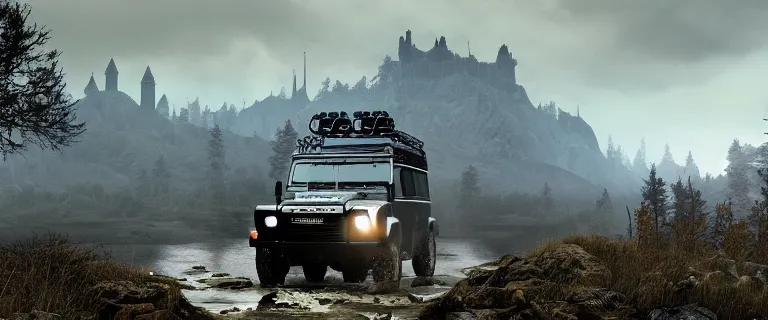 Image similar to Land Rover Defender 110 (1985), an epic fantasy, dramatic lighting, cinematic, establishing shot, extremely high detail, photorealistic, cinematic lighting, artstation, by simon stalenhag, The Elder Scrolls V: Skyrim, Whiterun Hold, Burning Dragonsreach castle in the distance, Battle for Whiterun city, Stormcloaks vs Imperials, Swarms of Stormcloaks and Imperials fighting eachother, Intense fighting, Whiterun city burning, Skyrim Civil War, High casualties, blood and dead soldiers, Corpses everywhere