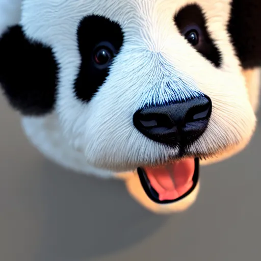 Image similar to a closeup photorealistic photograph of panda themed white bichon frise smiling on the beach at sunset. This 4K HD image is Trending on Artstation, featured on Behance, well-rendered, extra crisp, features intricate detail and the style of Unreal Engine.