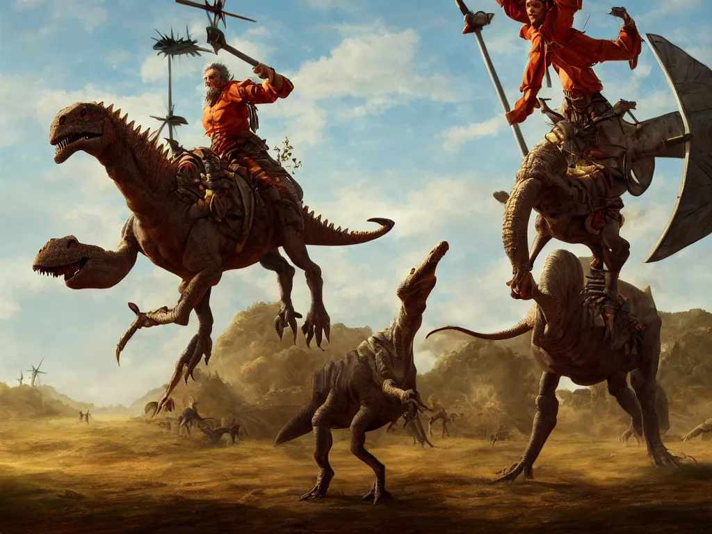 Image similar to portrait of a don quixote riding a dinosaur attacks a windmill, digital art, highly detailed, stunning scene, 4 k, realism, bright colors, trending on artstation