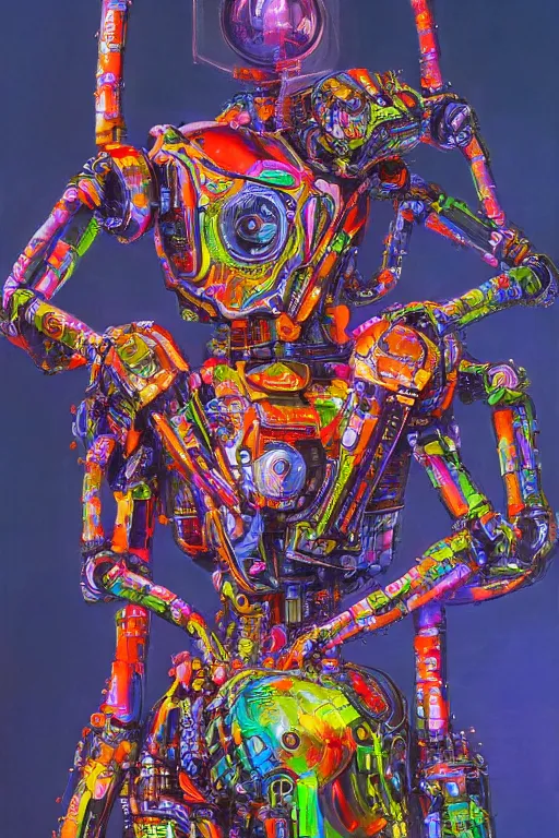 Prompt: a massive robot wearing a intricate tailored costume, with fluo colored abstract organic shapes, muted colors, vivienne westwood, anime, hyper real oil painting