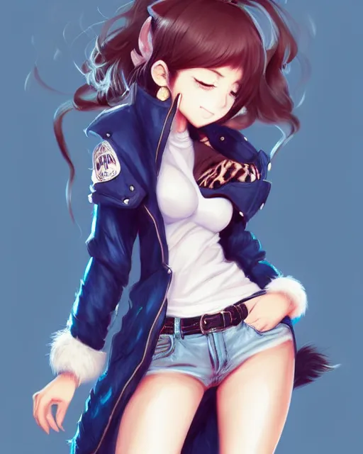 Image similar to fullbody portrait of anthropomorphic half - tiger fluffy cute anime woman in jeans coat, concept art, anime art, by a - 1 picture, trending on artstation artgerm, ross tran, wlop, marc davis