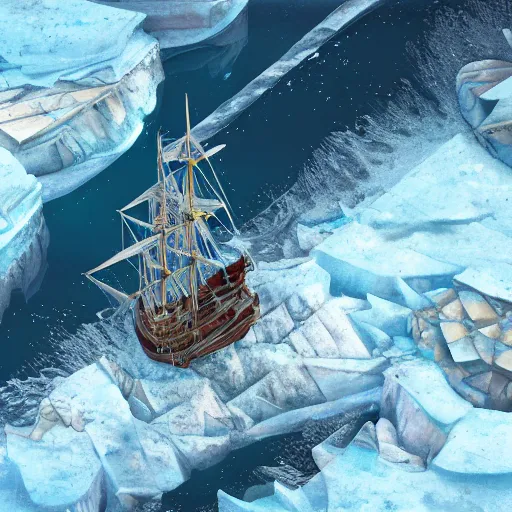 Image similar to pirate ship encased in ice in an icy bay, aerial view, artwork by harumi hiornaka, highly detailed volumetric lighting, biomech style, concept art by michael hutter