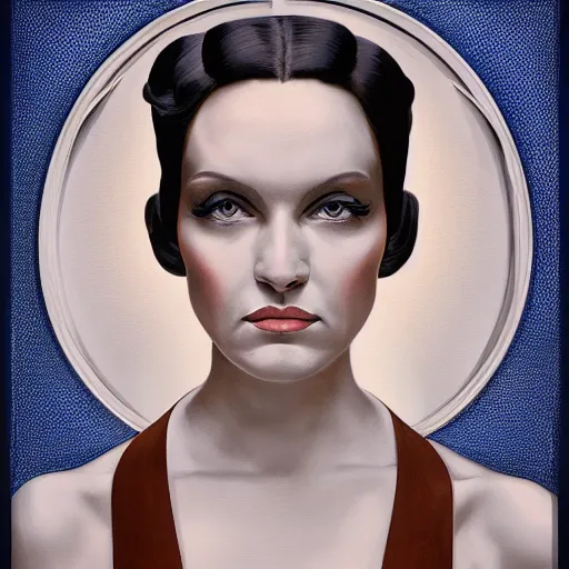 Image similar to an art nouveau, ( streamline moderne ), multi - racial portrait in the style of vitaly bulgarov. very large, clear, expressive, and intelligent eyes. centered, ultrasharp focus, dramatic lighting, photorealistic digital matte painting, intricate symmetrical ultra detailed background.