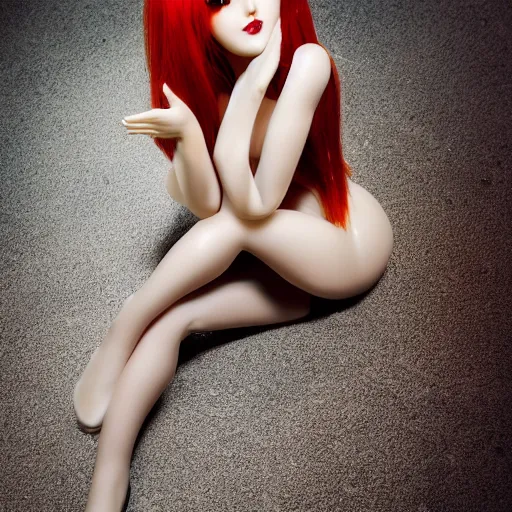 Image similar to gorgeous redhead gynoid posing flirty sitting, photorealistic, highly detailed,