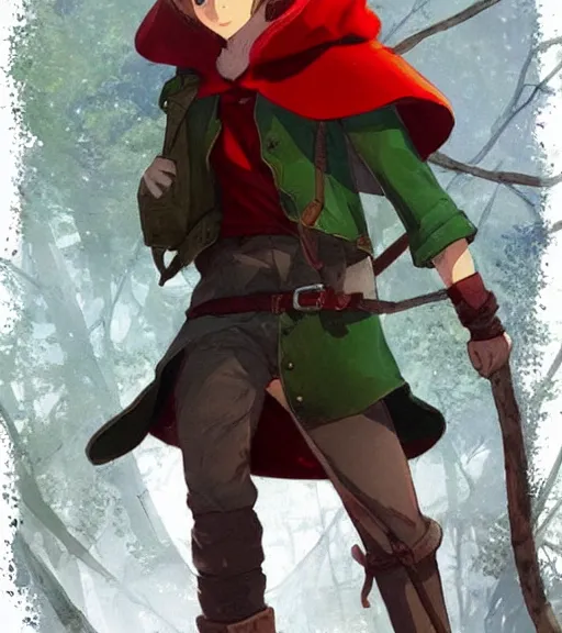 Image similar to attractive little boy character inspired in little red riding hood and link, digital artwork made by akihiko yoshida and makoto shinkai