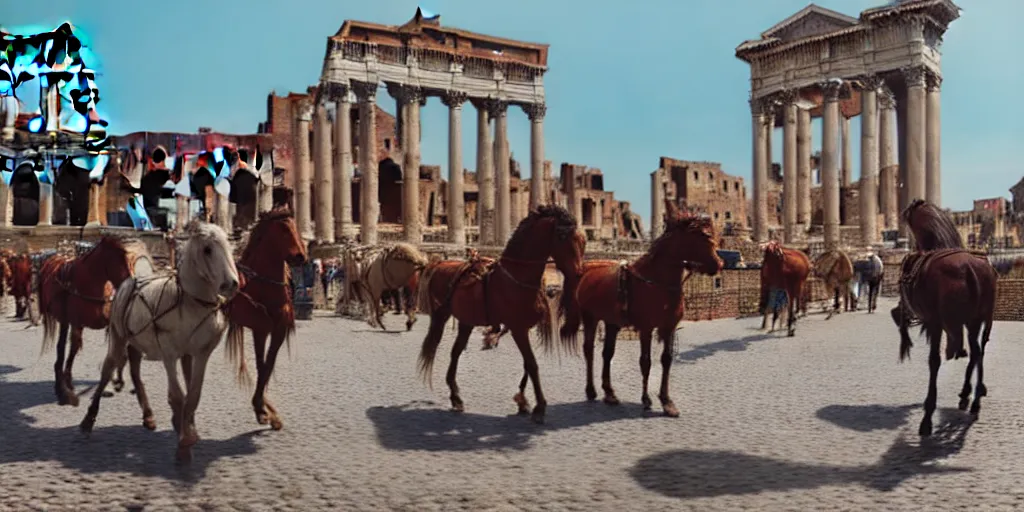 Image similar to low angle wide shot, street scene, ancient rome, mainly roman pedestrians, horses and roman soldiers, volumetric lighting, beautiful, day time, spring, sunny weather, sharp focus, highly detailed, photorealistic, 4 0 0 0 k, f 1. 4, cgsociety