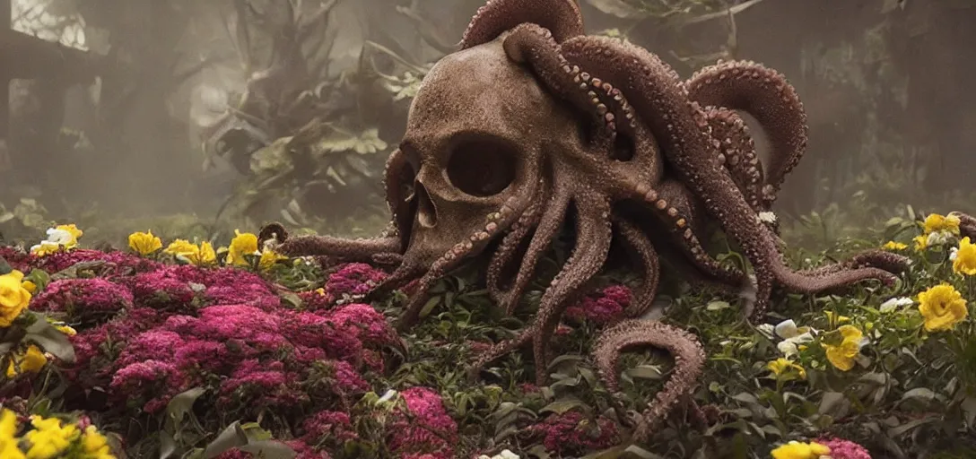 Prompt: an octopus in the shape of a skull surrounded by flowers at midnight, foggy!, cinematic shot, photo still from movie by denis villeneuve, wayne barlowe, vibrant