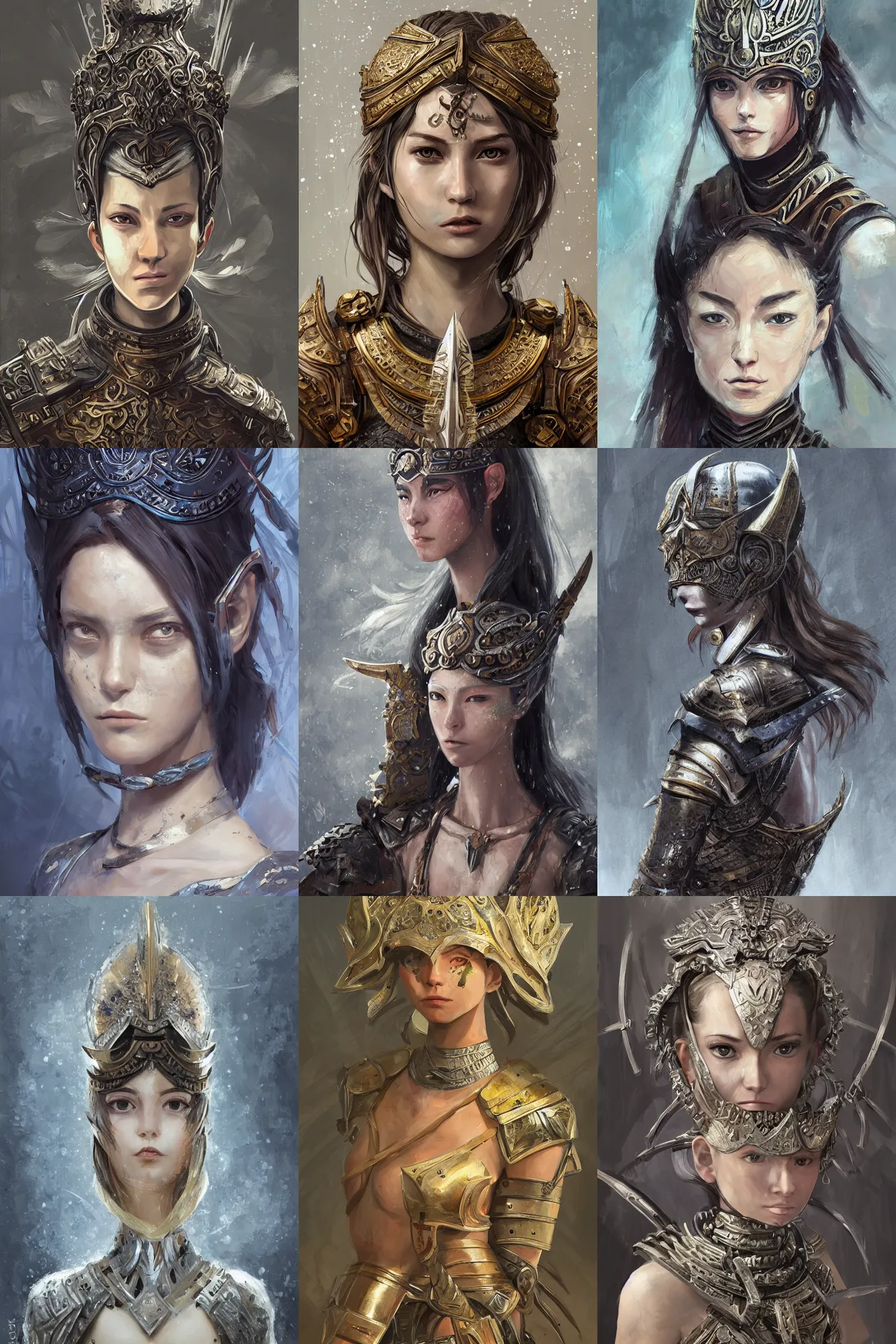 Prompt: female warrior, lovely delicate face, panic expression, armed, close - up shots of faces, oil painting, passion, bravery, intricate armour costumes, light and shadow effects, intricate, digital painting, art station, concept art, cold tones, sharp focus, morandi color scheme, sharply shaped, illustration, art by makoto shinkai and lois van baarle
