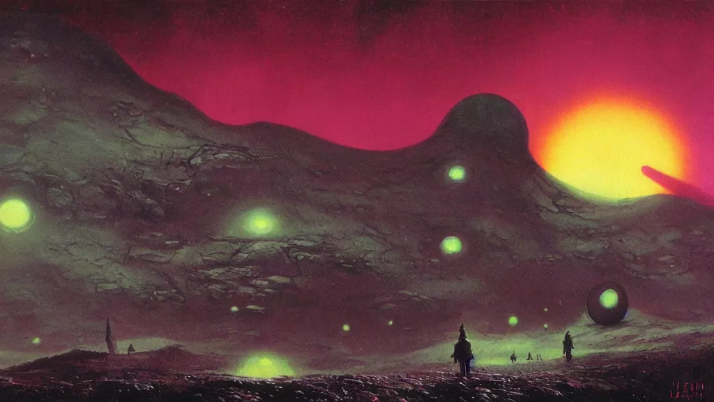 Image similar to eerie atmospheric alien planet by paul lehr and jack gaughan and john schoenherr, epic cinematic matte painting