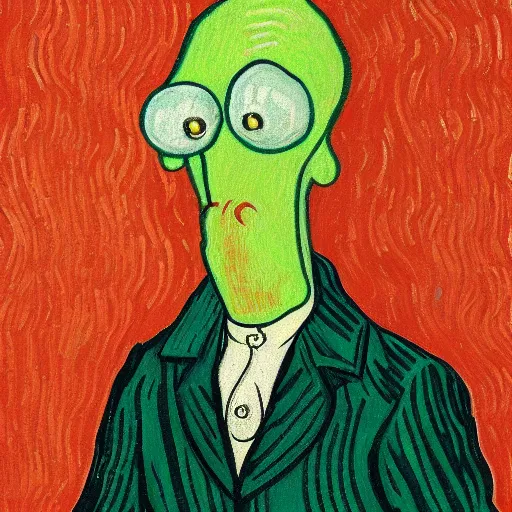 Image similar to handsome squidward portrait, van gogh art style, strong chin, big mouth