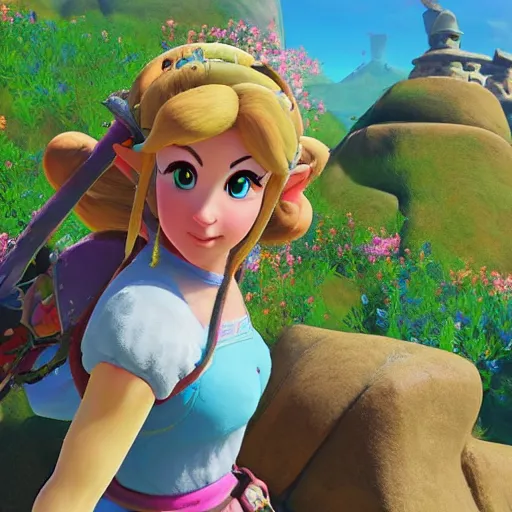 Prompt: princess peach admiring a flower in breath of the wild, in - game render, cell - shading, wide angle shot