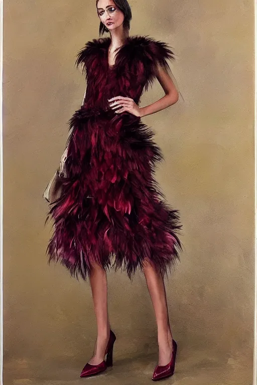 Prompt: a light feminine dress made of feathers and burgundy fur, fashion design, stylized, oil painting