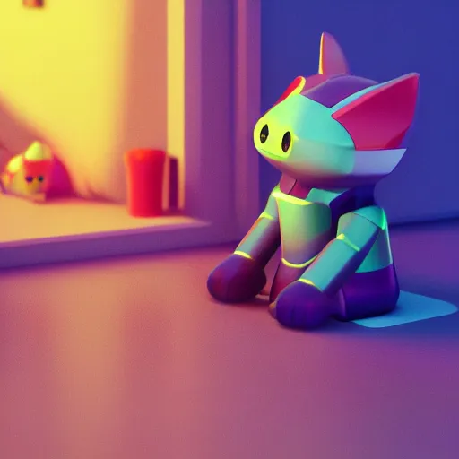 Prompt: isometric cute cat robot in a house, realistic 3d model, very colourful, hdr, cinematic lighting, hard light, soft neon, octane render, trending on Artstation