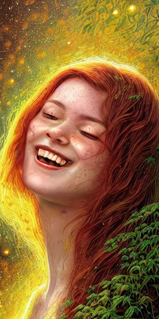 Image similar to infp young woman, smiling amazed, golden fireflies lights, sitting in the midst of nature fully covered, long loose red hair, intricate linework, bright accurate green eyes, small nose with freckles, oval shape face, realistic, expressive emotions, dramatic lights spiritual scene, hyper realistic ultrafine art by michael cheval, jessica rossier, boris vallejo