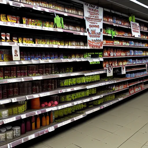 Prompt: Orc's in a dark scary supermarket in Mordor, very wide shot, shelves are full of arcane wares, tinctures, mouldy vegetables, dark coloured toiletries and animal body parts. Sauron is working on each checkout. 8k render