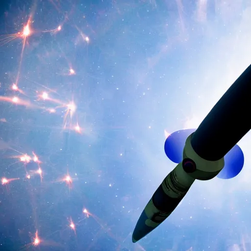 Image similar to Award-winning photograph of a missile hitting a spaceship in outer space, 8K dramatic