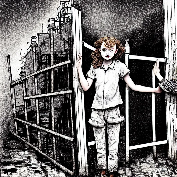 Image similar to sadie sink in dirty workmen clothes waves goodbye to workmen. near a gate. background : factory, dirty, polluted. technique : black and white pencil and ink. by gabriel hardman, joe alves, chris bonura. cinematic atmosphere, detailed and intricate, perfect anatomy