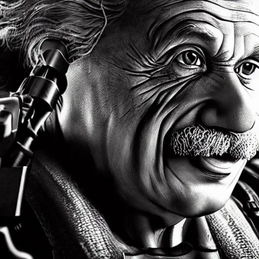 Image similar to 'Albert Einstein'! as Batman in Gears of War, splash art, movie still, detailed face, cinematic lighting, dramatic, octane render, long lens, shallow depth of field, bokeh, anamorphic lens flare, 8k, hyper detailed, 35mm film grain