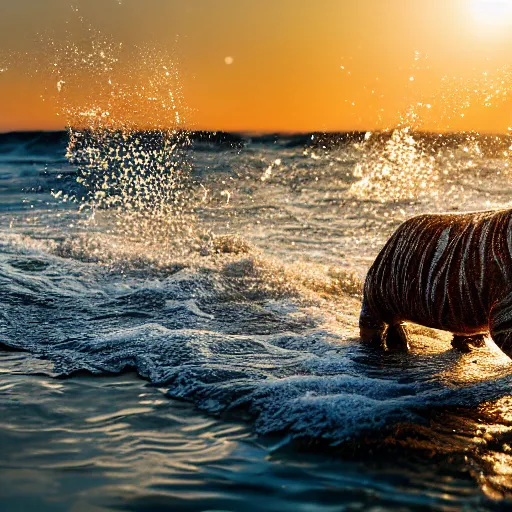 Image similar to a closeup photorealistic photograph of a cute smiling knitted tiger hippopotamus splashing after beachballs during sunset. surf in background. professional capture. this 4 k hd image is trending on artstation, featured on behance, well - rendered, extra crisp, features intricate detail, epic composition and the style of unreal engine.