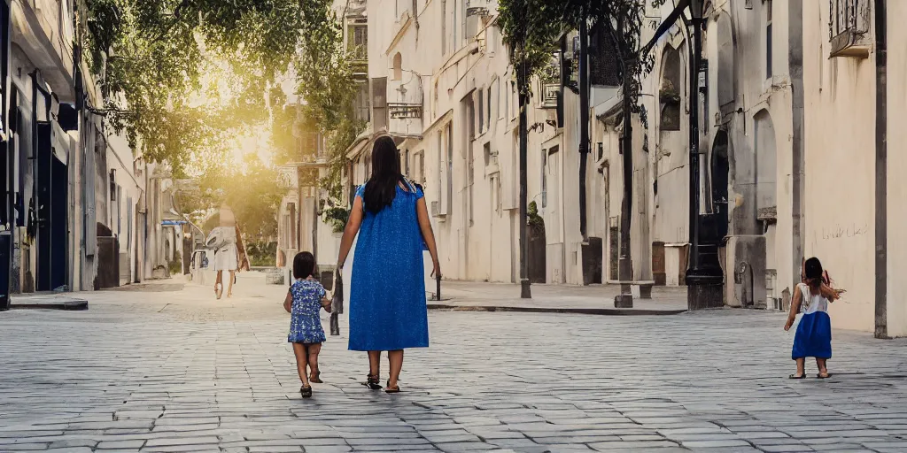 Prompt: woman and a child, european, blue sundress, walking in a street towards the rising sun, pavement, morning, wet ground, warm weather, hyperrealism, photography, extremely detailed, natural lighting, lens flare