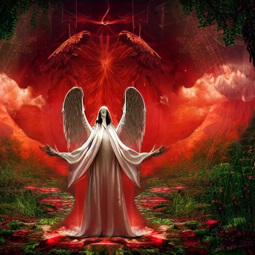 Prompt: afterlife, god, forest, angels, devil, altar, light shining from the sky, clouds, lightning, white and red environment, digital art, intricate, true to life, 4k