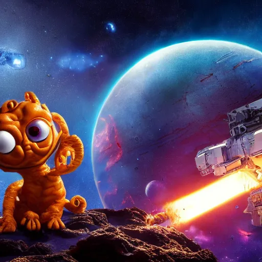 Image similar to one eldritch horror bloody garfield in space, galaxy, hd, 8 k, explosions, gunfire, lasers, giant, epic, realistic photo, unreal engine, stars, prophecy, powerful, cinematic lighting, destroyed planet, debris, movie poster, violent, sinister, ray tracing, dynamic, print, epic composition, dark, lasagna, horrific