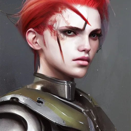 Prompt: a professional painting of a beautiful young female with hair dyed half red and half white, partially clothed in battle armor, olive skin, long dark hair, beautiful bone structure, upper body, symmetrical facial features, intricate, elegant, digital painting, concept art, smooth, sharp focus, illustration, from Metal Gear, by Ruan Jia and Mandy Jurgens and Greg Rutkowski and Artgerm and William-Adolphe Bouguerea and artgerm