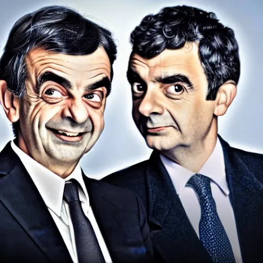 Image similar to A portrait mr bean teams up with a teenage rowan atkinson, perfect faces, 50 mm, award winning photography