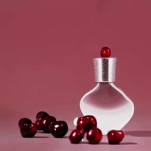 Image similar to perfume bottle and artistic dark red cherries and white flowers, realistic, up close shot, white background, zen, cool light, modern minimalist f 2 0