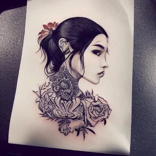 Image similar to tattoo design, stencil, beautiful young female, long dark hair, symmetrical facial features, Japanese, partially clothed in robe, by William-Adolphe Bouguerea and artgerm