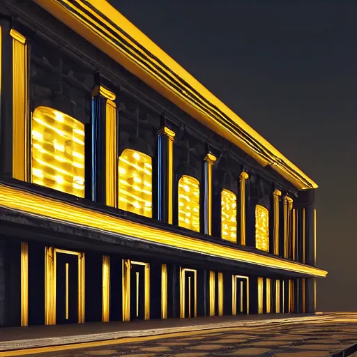 Image similar to beautiful exterior of art deco palace movie theater at night premiere, pillars, dust, dark, long shadows, atmospheric, gold and black marble lacquered, palm trees, luxury architecture, low angle, dynamic cinematic light, 3 5 mm, realistic, insanely detailed, hyper detail, hyper real, unreal engine render, 8 k