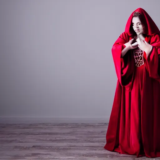 Prompt: photo of a beautiful magical witch woman wearing red robes, CANON Eos C300, 15mm, very detailed, beautiful atmospheric lighting, studio photography