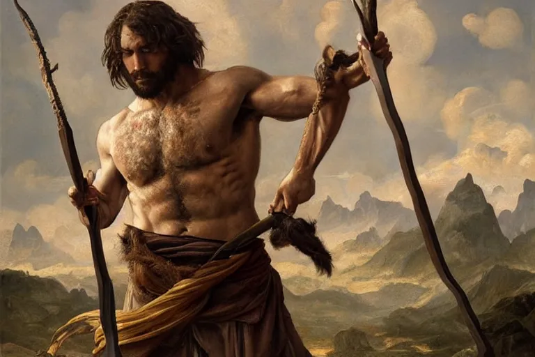 Image similar to renaissance painting full body portrait of a gruff ranger with a spear, lean and toned, handsome face, hairy chest and hairy body, D&D, intricate, elegant, highly detailed, digital painting, artstation, concept art, matte, sharp focus, chiaroscuro, well list, illustration, art by Artgerm and Greg Rutkowski and Alphonse Mucha