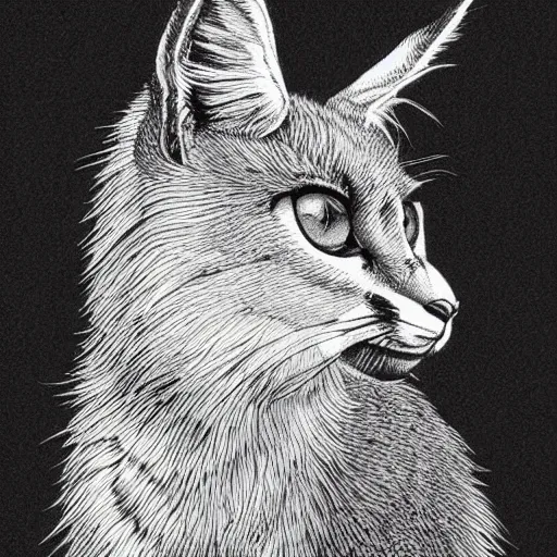 Prompt: cute fluffy caracal, black ink on paper, trending on artstation, beautiful, intricate, detailed