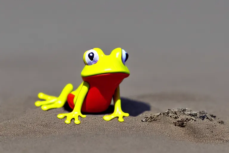 Image similar to fisher price frog on the beach, california, in 2 0 1 5, perfect focus, scene from tv show hyper detailed 5 5 mm 8 5 mm, toy photography, made out of plastic