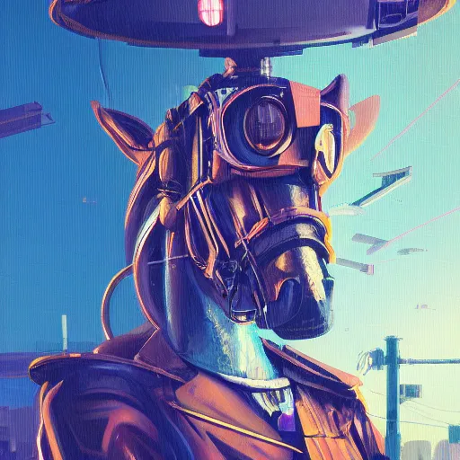 Image similar to a graph style gauche impasto, steampunk horse, cyberpunk art by james gilleard, city depth of field, cgsociety, retrofuturism, synthwave, retrowave, outrun, realistic, high quality.