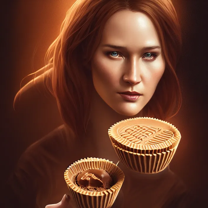 Prompt: reese's peanut butter cup with keanu reeve on it by charlie bowater and anna dittmann and artgerm and clemens ascher, intricate, elegant, brown mist, product shot, macro, highly detailed, dramatic lighting, sharp focus, octane render, trending on artstation, artstationhd, artstationhq, unreal engine, 4 k, 8 k