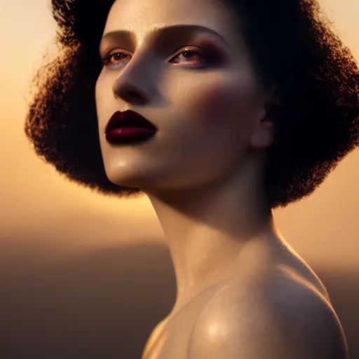 Prompt: photographic portrait of a stunningly beautiful renaissance female, dark lips and eye shadow, in soft dreamy light at sunset, god rays, contemporary fashion shoot, by edward robert hughes, annie leibovitz and steve mccurry, david lazar, jimmy nelsson, breathtaking, 8 k resolution, extremely detailed, establishing shot, artistic, hyperrealistic, perfect face, octane render